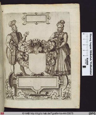 Leeres Wappenschild mit Blattwerk und Helm, flankiert von einer Frau und einem Mann.