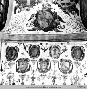 Deckendekoration mit Wappen und historischen Szenen : Wappen der Besitzungen und Burgen der Familie Gherardesca