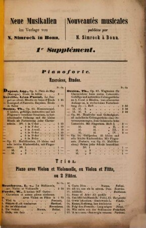 Catalogue du Fonds de Musique de N. Simrock à Bonn. [4,2]. 1. Suppl. au catalogue de 1855.