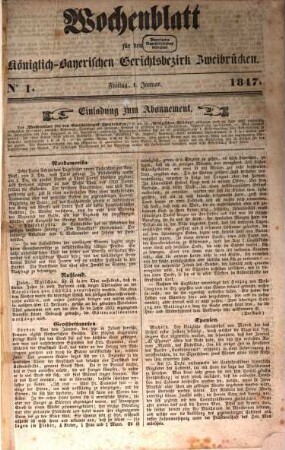 Wochenblatt für den Königlich-Bayerischen Gerichtsbezirk Zweibrücken. 1847, 1847
