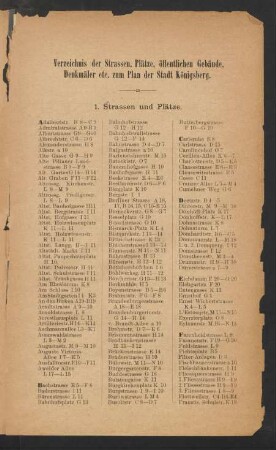 Verzeichnis der Strassen, Plätze, öffentlichen Gebäude, Denkmäler etc. zum Plan der Stadt Königsberg.