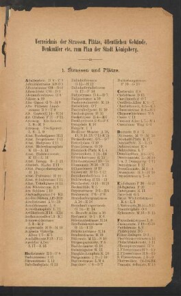 Verzeichnis der Strassen, Plätze, öffentlichen Gebäude, Denkmäler etc. zum Plan der Stadt Königsberg.