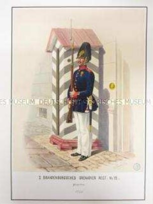 Uniformdarstellung, Gemeiner des 2. Brandenburgischen Grenadier-Regiments No. 12 bei der Wache, Preußen, 1864. Tafel 11 aus: Schindler: Militair-Album.