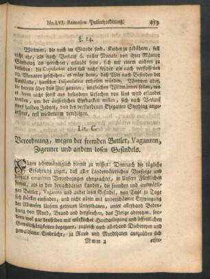 Lit. C. Verordnung, wegen der fremden Bettler, Vaganten, Zigeuner und andern losen Gesindels