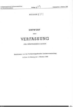 Verfassungsentwurf Württemberg-Baden, 1.10.1946