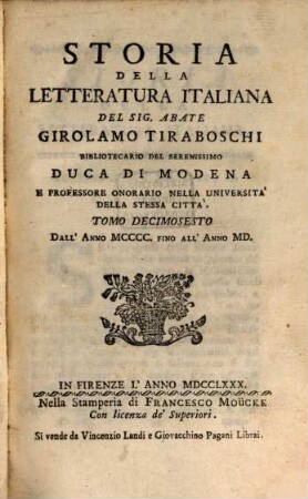 Storia Della Letteratura Italiana. 16, Dall'Anno MCCCC Fino All'Anno MD