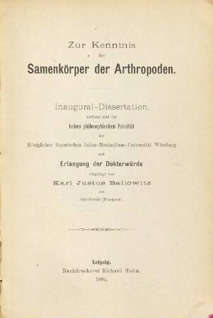 Zur Kenntnis der Samenkörper der Arthropoden ...