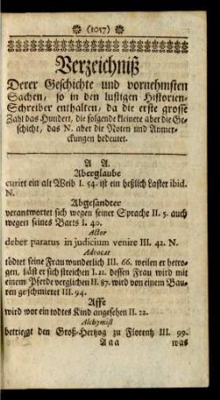 Verzeichniß Derer Geschichte und vornehmsten Sachen, so in den lustigen Historien-Schreiber enthalten, ...