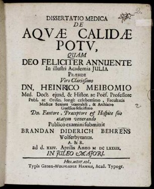 Dissertatio Medica De Aquae Calidae Potu