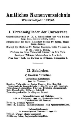 Amtliches Namenverzeichnis Winterhalbjahr 1925/26.