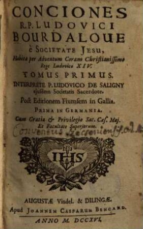 Conciones Ludovici Bourdaloue : habitae per adventum coram Christianissimo rege Ludovico XIV, 1.