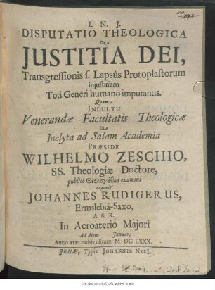 Disputatio Theologica De Iustitia Dei, Transgressionis s. Lapsus Protoplastorum iniustitiam Toti Generi humano imputantis
