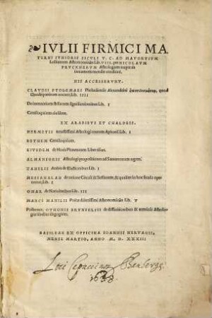 Ivlii Firmici Materni Ivnioris Sicvli V. C. Ad Mavortivm Lollianum Astronomicōn Lib. VIII