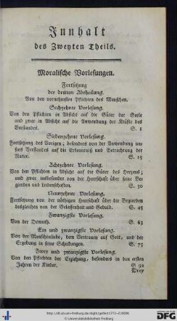 Innhalt des zweyten Theils.