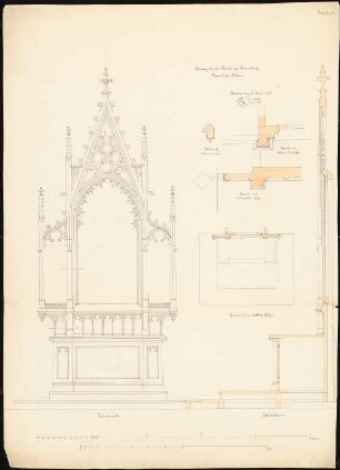 Evangelische Kirche, Festenberg: Aufriss, Schnitt, Grundriss und Details des Altares, Maßstabsleiste