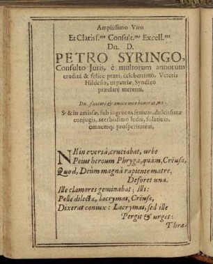 Amplissimo Viro [...] Dn. D. Petro Syringo, Consulto Juris, [...]