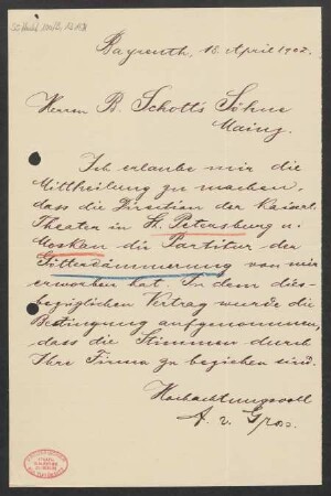 Brief an B. Schott's Söhne : 18.04.1902