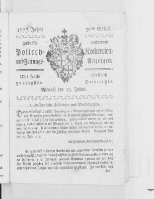 30tes Stück, Ausgabe vom 23. Julius 1777