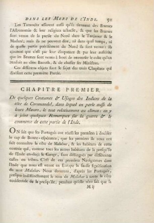Chapitre premier. De quelques coutumes & usages des Indiens de la côte de Coromandel, ...