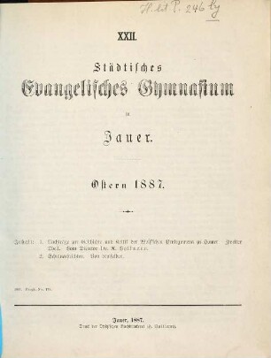 Städtisches Evangelisches Gymnasium zu Jauer : Ostern .... 1886/87