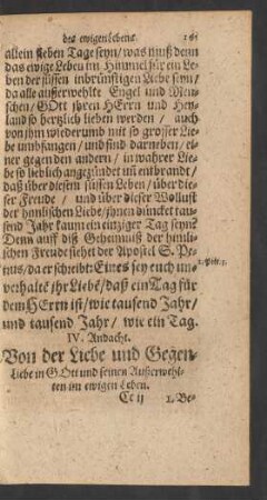 IV. Andacht. Von der Liebe und Gegen-Liebe in Gott und seinen Außerwehlten im ewigen Leben.