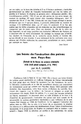 555-556, Les bases de l'exécution des peines aux Pays-Bas (Extrait de la Revue de science criminelle et de droit pénal comparé, n°4, 1961), par M.-E. Lamers