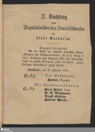 Nachtr. 2: Regulativ über des Feuerlöschwesen der Stadt Waldheim