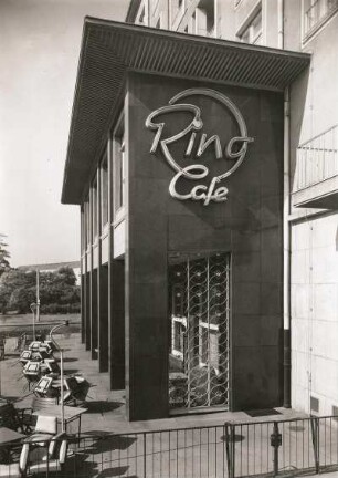 Dresden-Altstadt, Dr.-Külz-Ring. Ring-Café. Vorbau mit Ziergitter (K. Bergmann) von Osten