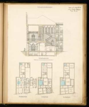 Pfarrhaus Monatskonkurrenz September 1879: Grundriss Erdgeschoss, 1. und 2. Obergeschoss, Längsschnitt; Maßstabsleiste