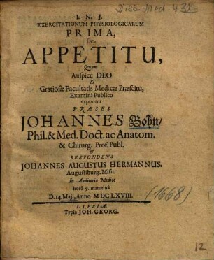 Exercitationum Physiologicarum Prima, De Appetitu