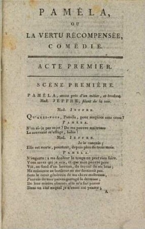 Paméla, ou la vertu récompensée : comédie en cinq actes, en vers