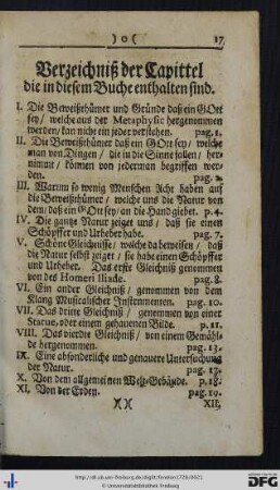 Verzeichniß der Capittel die in diesem Buche enthalten sind.