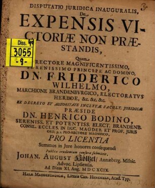 Disp. iur. inaug. de expensis victoriae non praestandis