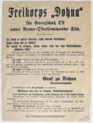 Propagandaflugblatt mit Werbung für das Freikorps "Dohna"