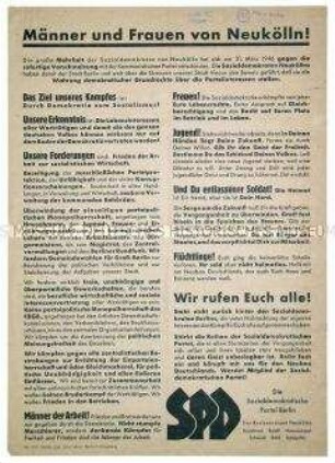 Propagandaflugblatt der SPD Berlin-Neukölln mit Mitgliederwerbung