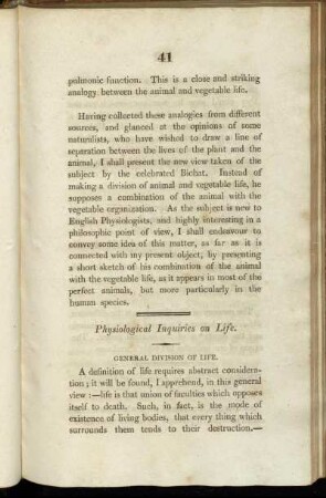 Physiological Inquiries on Life