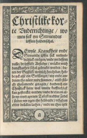 Christlike korte Underrichtinge/ wo men sick yn Stervendes löfften holden schal.