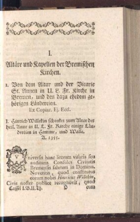 I. Altäre und Kapellen der Bremischen Kirchen