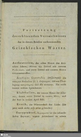 Fortsetzung des erklärenden Verzeichnisses der in diesen Briefen vorkommenden Griechischen Wörter
