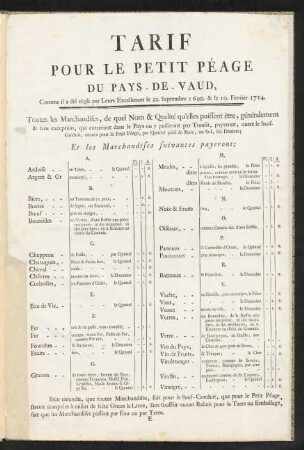Tarif Pour Le Petit Péage Du Pays-De-Vaud, ...