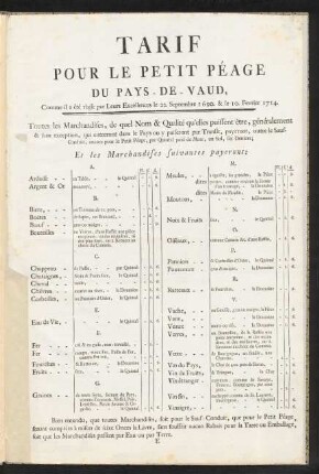 Tarif Pour Le Petit Péage Du Pays-De-Vaud, ...