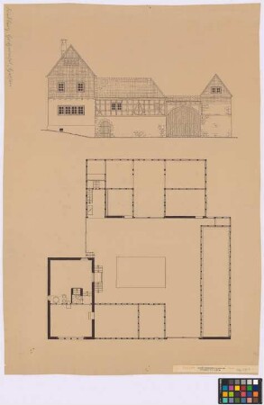 Hoch-Weisel ([Landkreis Friedberg]): Gehöft Werner. - Stall (Grundriss). - Futterboden (Grundriss, Giebel-Ansicht). - Wohnhaus (Grundriss des Erdgeschosses, Giebel-Ansicht). - Kuhstall (Seiten-Ansicht)