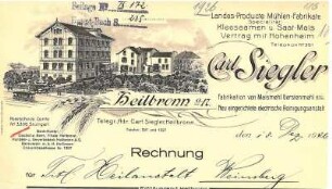 Rechnungsformular der Fa. Carl Siegler, Landesprodukte u. Mühlen-Fabrikate, mit Firmenansicht