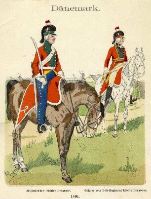 Uniformbild, Dragonteroffizier und Dragonersoldat der dänischen Armee