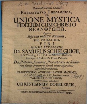 Exercitatio Theologica, De Unione Mystica Fidelium Cum Christo Theanthrōpō
