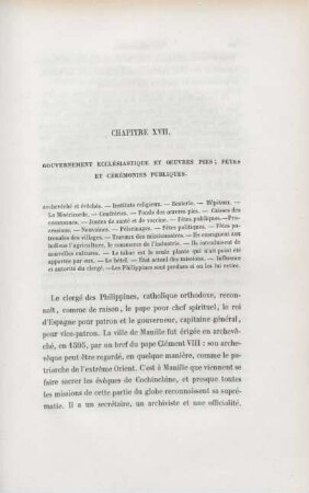 Chapitre XVII. Gouvernement ecclésiastique et oeuvres pies; fêtes et cérémonies publiques