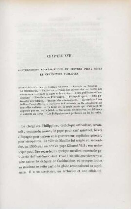 Chapitre XVII. Gouvernement ecclésiastique et oeuvres pies; fêtes et cérémonies publiques