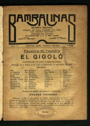El gigoló : sainete en un acto y tres cuadros