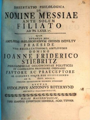 Dissertatio philologica de nomine Messiae ante solem filiato, ad Ps. LXXII, 17