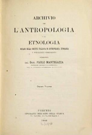 Archivio per l'antropologia e la etnologia. 10, 10. 1880